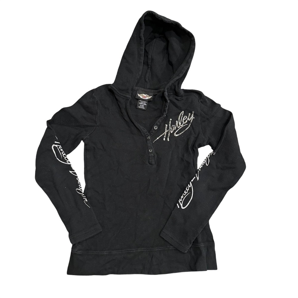 Harley-Davidson Womens Black Waffle Knit Rhinestone Henley Hoodie Small